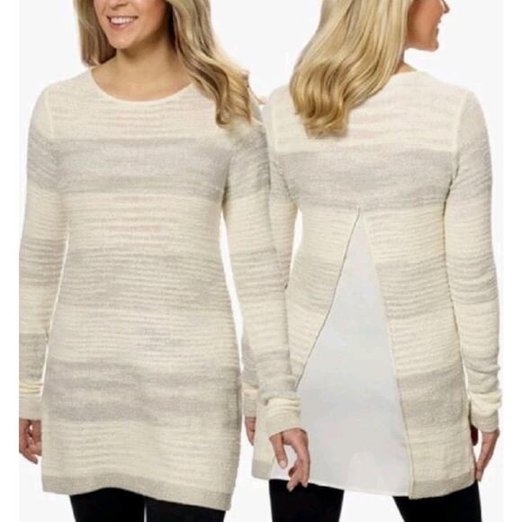 Calvin Klein Long Sleeve Chiffon Back Nubby Sweater cream beige stripe - Picture 1 of 7